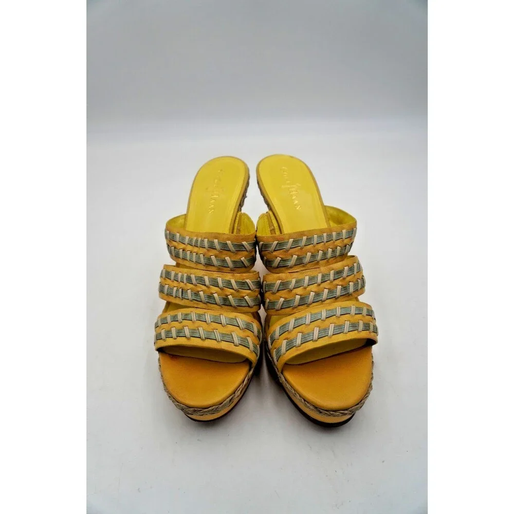 Cole Haan Yellow Woven Leather Wedge Slide Sandals Comfort Open Toe Mules Sz 10B